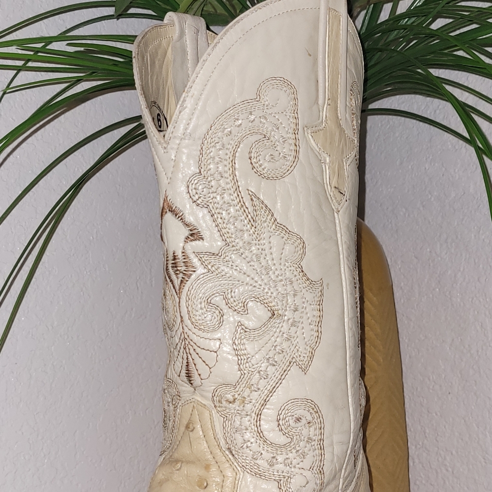 PISTOLERO Cream Ostrich Leather Cowboy/Cowgirl Boots Embroidery Size W9 Men 6 - Picture 4 of 13